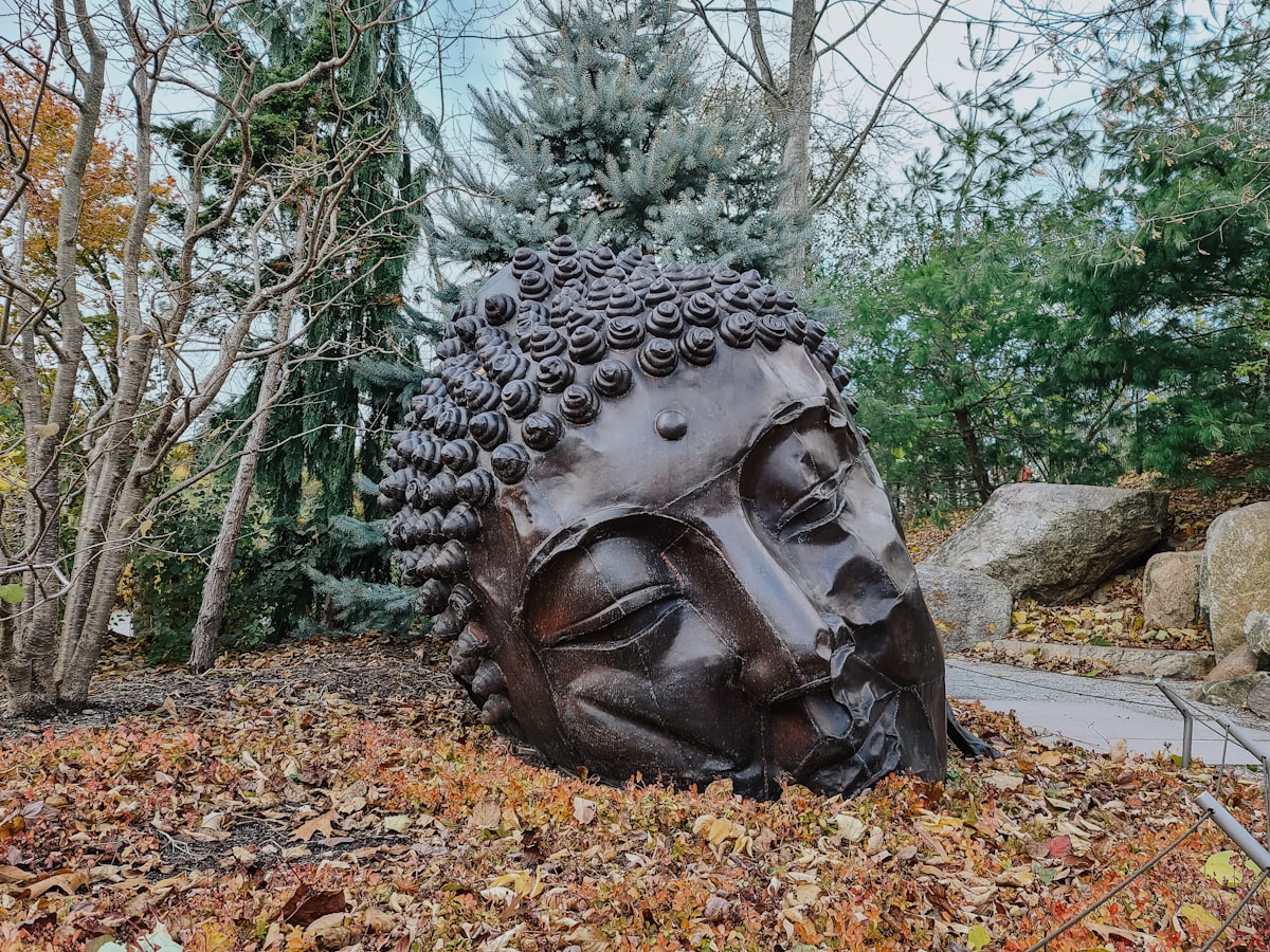 a statue of a buddha head surrounded by leaves