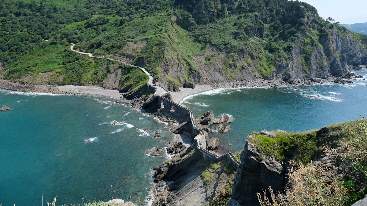 A scenic view of the ocean from a hill