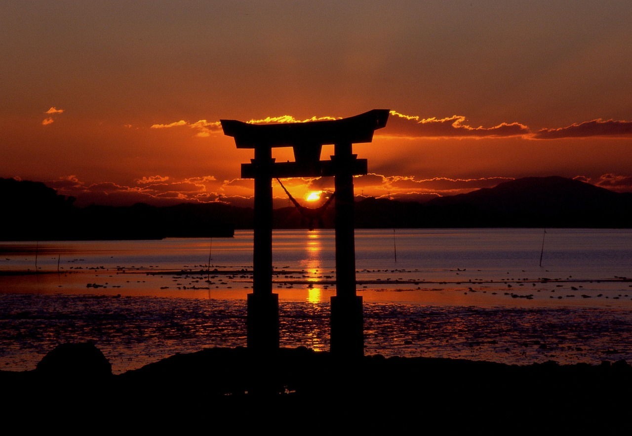 sunset, shrine, sea, sky, nature, nagao shrine, water, light, kumamoto, japan, architecture, cloud