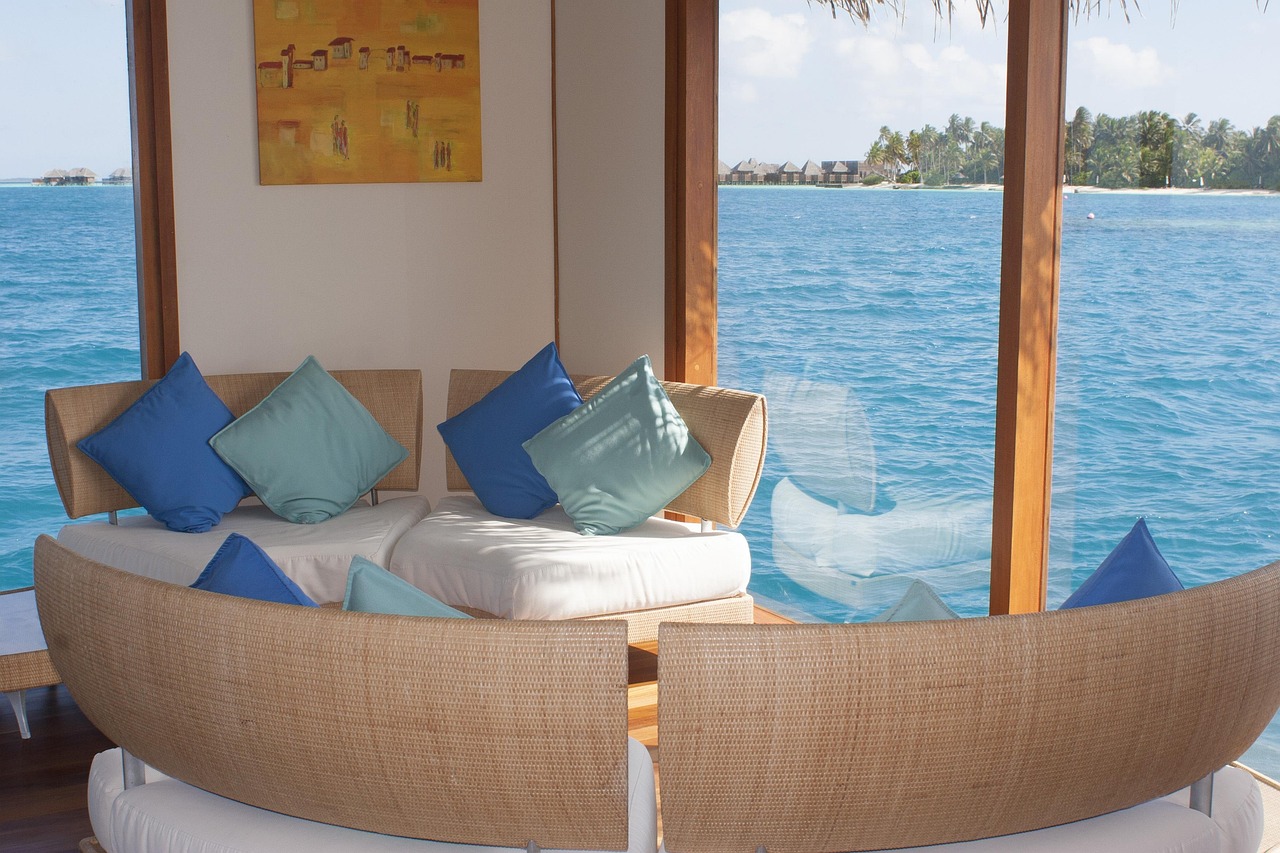 maldives, conrad, atoll, waiting room, sofa, cushion, nature, tropical, indian ocean, air taxi, sea, water cottage
