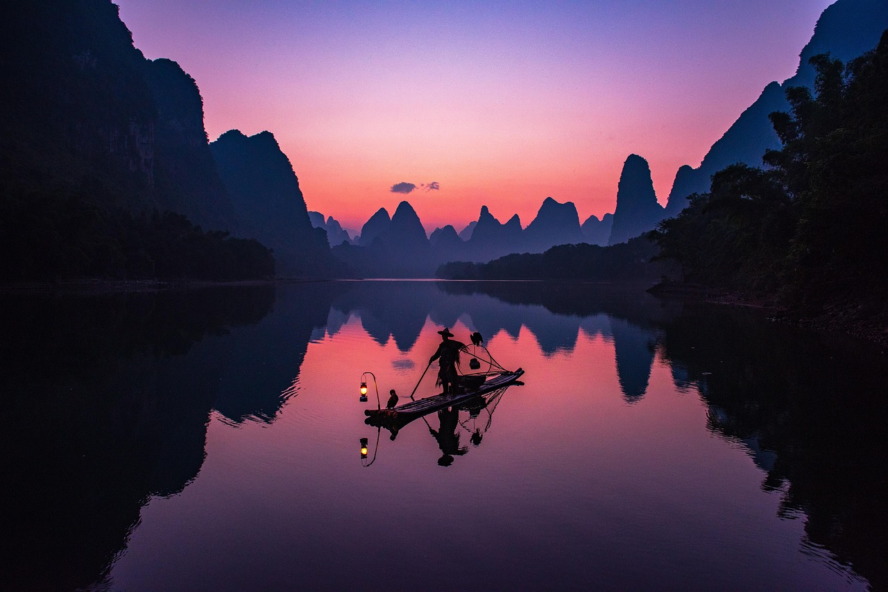 china, sunset, li river, guilin, li jiang, yangshuo, mountains, water, fishing, nature, fisherman