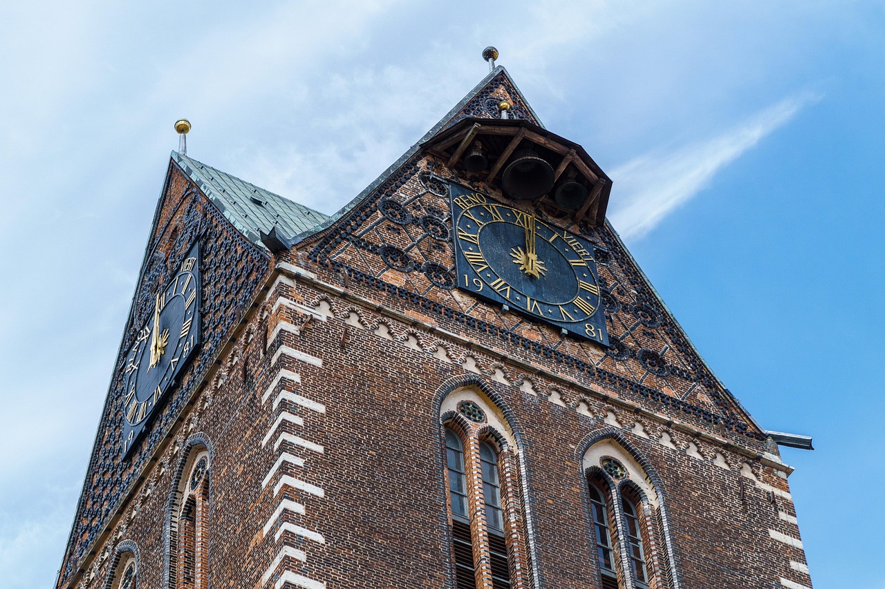 wismar, st marien, church, church tower, clock, brick, building, germany, city, monument, st mary's church, architecture