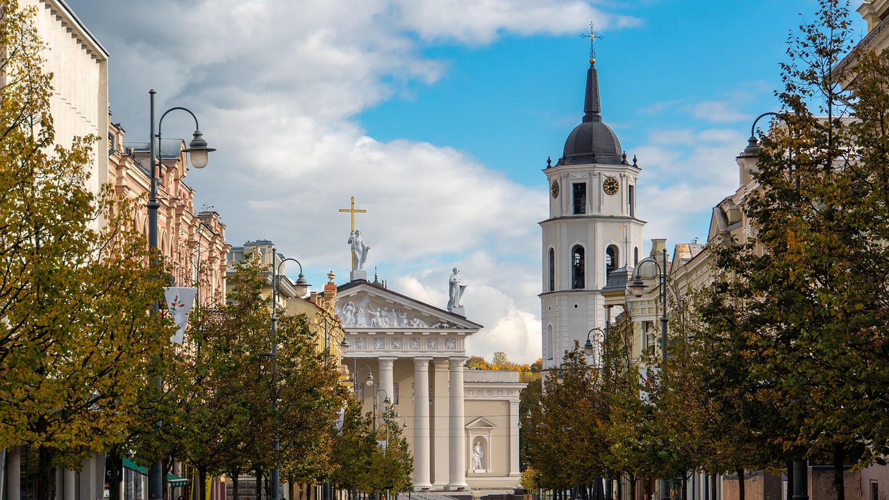 church, trees, bell tower, nature, belfry, buildings, structures, infrastructures, architecture, facade, town square, cathedral, cloudy, sky, landmark, vilnius, lithuania