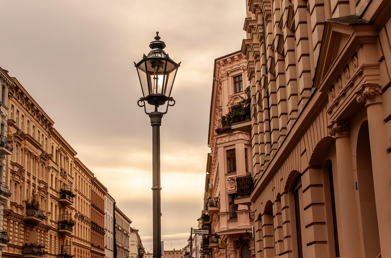 buildings, lantern, lamp, post, street light, structure, sky, clouds, urban, brown, nature, pillars