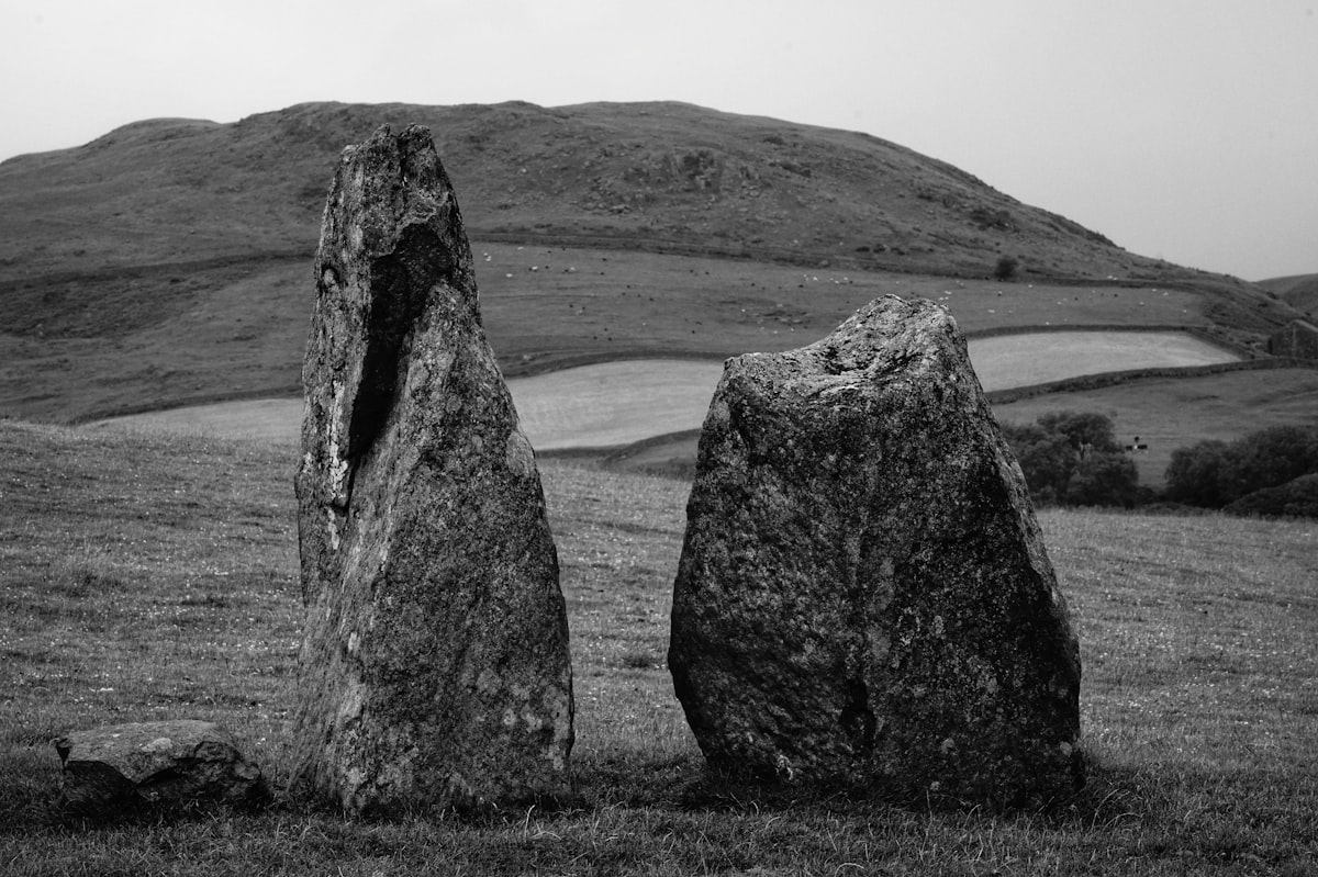 grayscale photography of two rocks in grass field