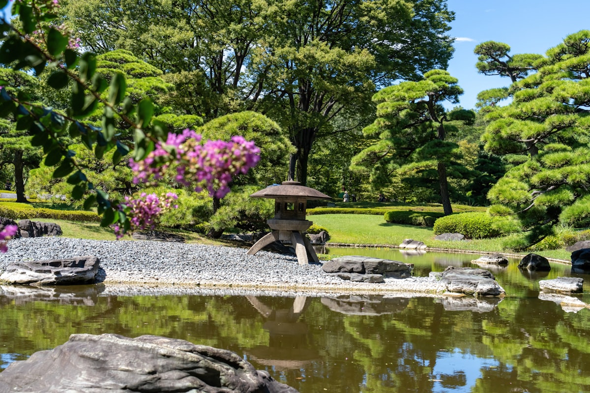 a pond in a japanese garden with rocks and flowers
