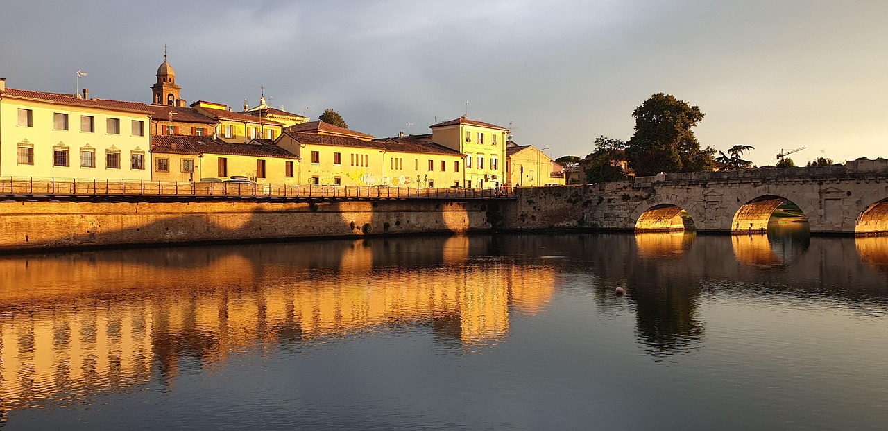 rimini, sunset, tiberius bridge, river, nature, italy