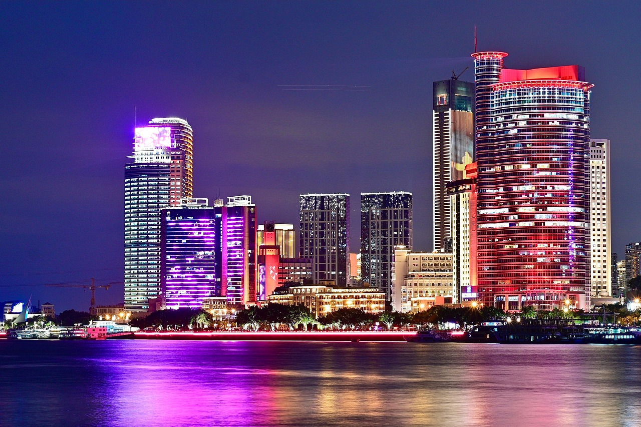 buildings, sea, oceasn, nature, shore, night lights, night, xiamen
