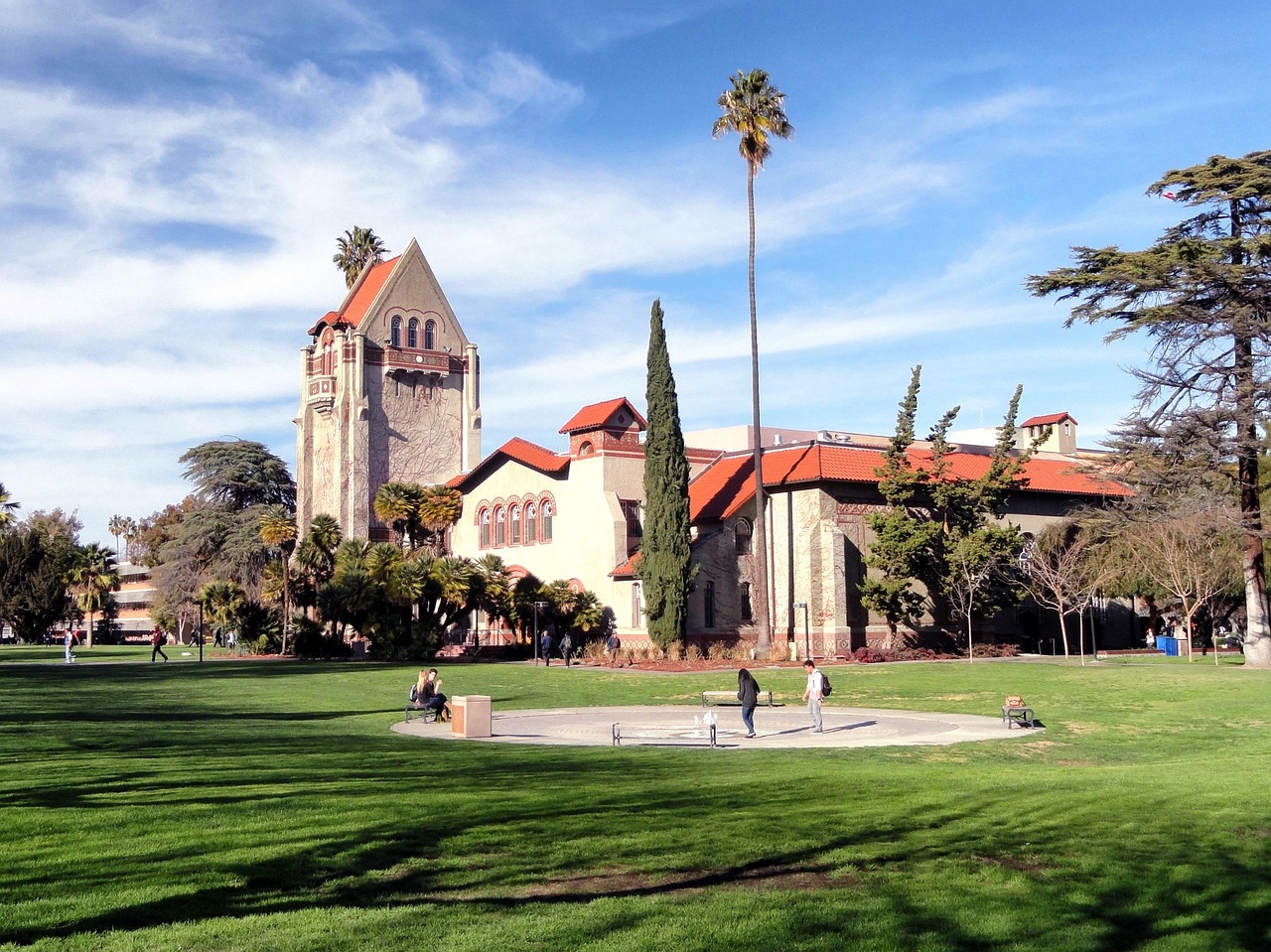 san jose state university, california, nature, buildings, campus, school, college, students, architecture, sky, clouds, palms, palm trees, outside, grass