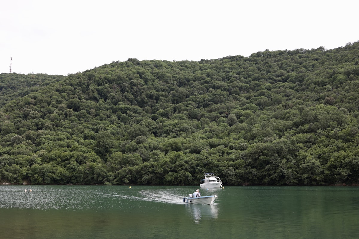 A boat traveling across a lake next to a lush green hillside