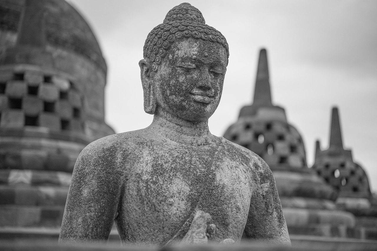indonesia, temple, buddha, religion, yogyakarta, landmark, buddha purnima, buddhism, borobudur, white black, meditation, gray buddha