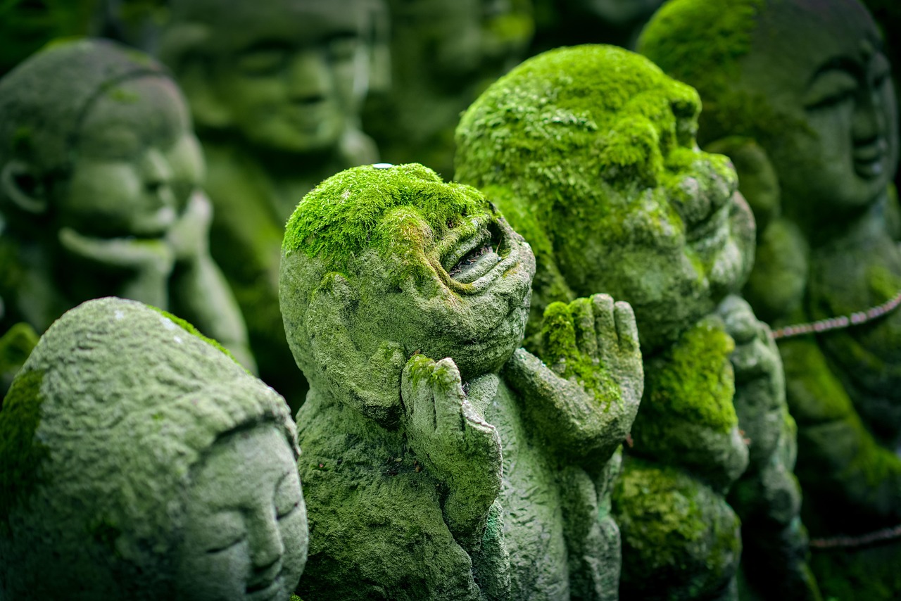 kyoto, japan, statue, jizo, japanese, religion, culture, asia, buddhism, temple, shrine, religious, spiritual, buddhist, ancient, travel, heritage, zen, buddha, sculpture, buddha purnima, shinto, traditional, history, sacred, otagi nenbutsu-ji, figures, moss, green travel, green history, green buddha, green culture