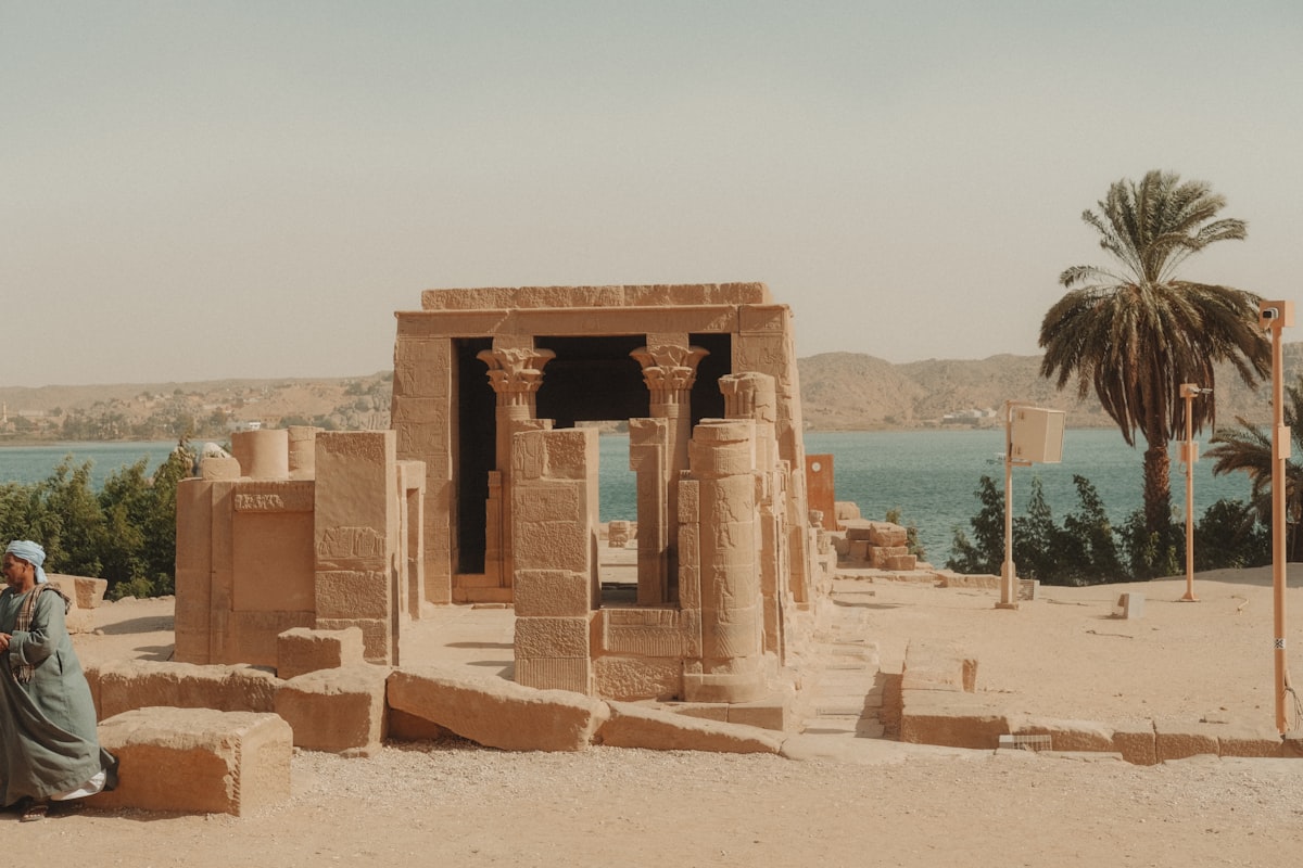 Ancient egyptian temple ruins by the nile river