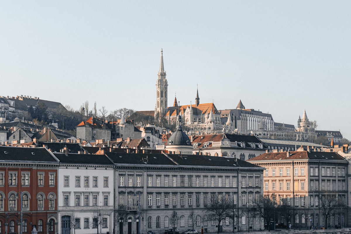 Historic buildings on a hill under a clear sky