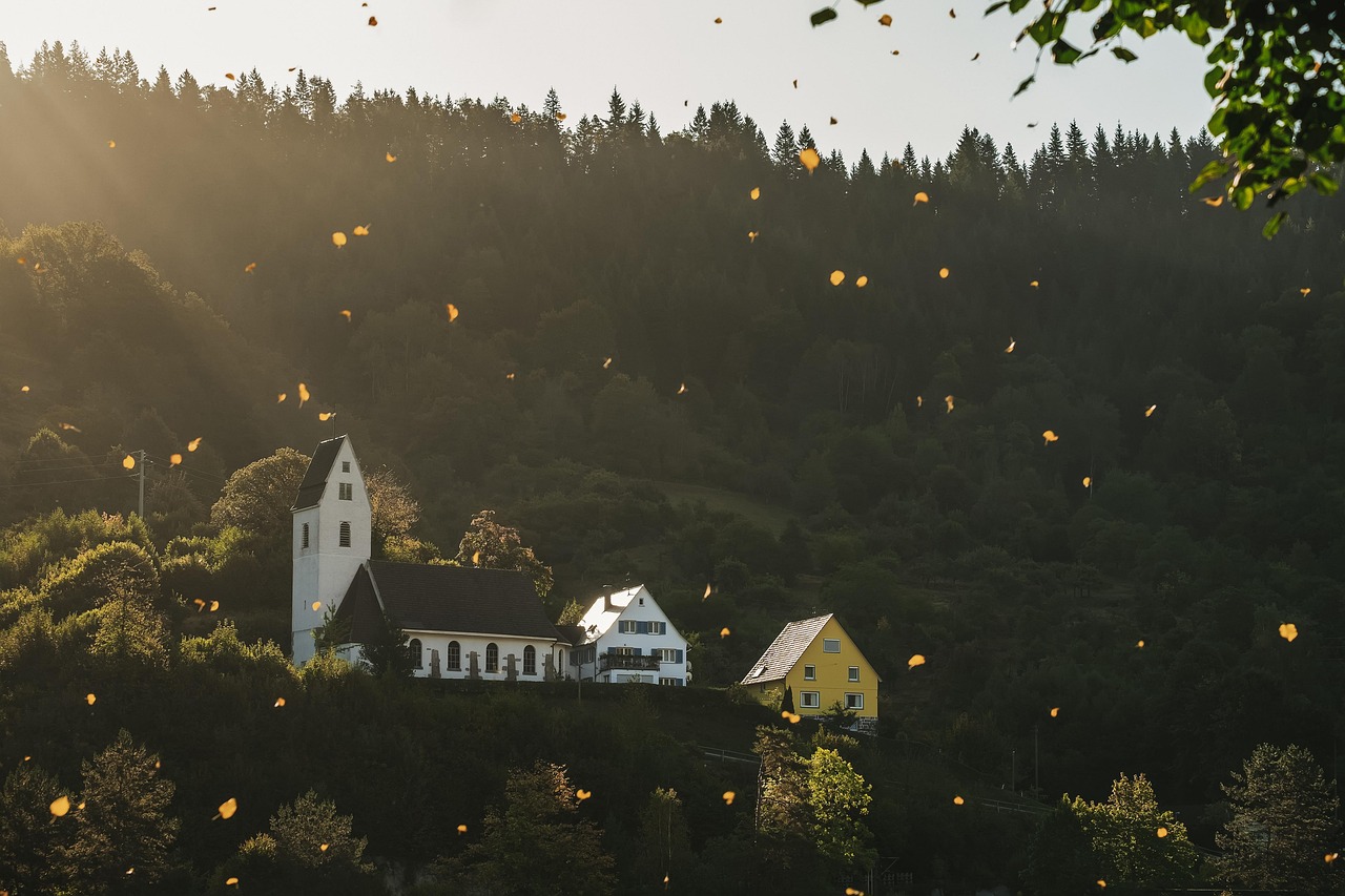 fall, leaves are falling, golden, landscape, church, houses, sunrise, forest, light, sunbeams, sunlight, black forest, nature, fall, church, church, church, church, church