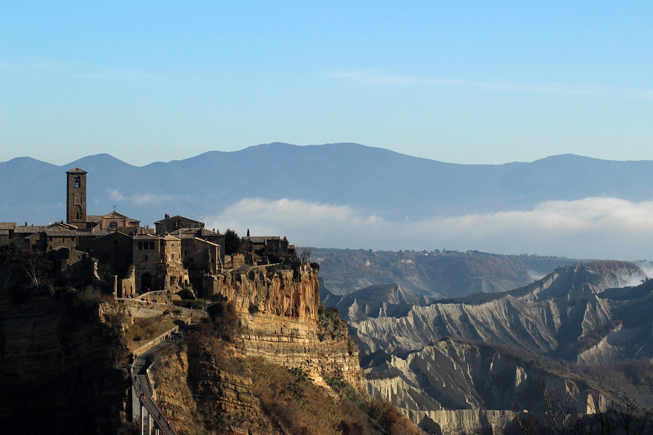 citadel, mountain city, mountain, city, tourism, ruin, cityscape, castle, extraordinary, nature, civita di bagnoregio, italy, lazio, blue castle