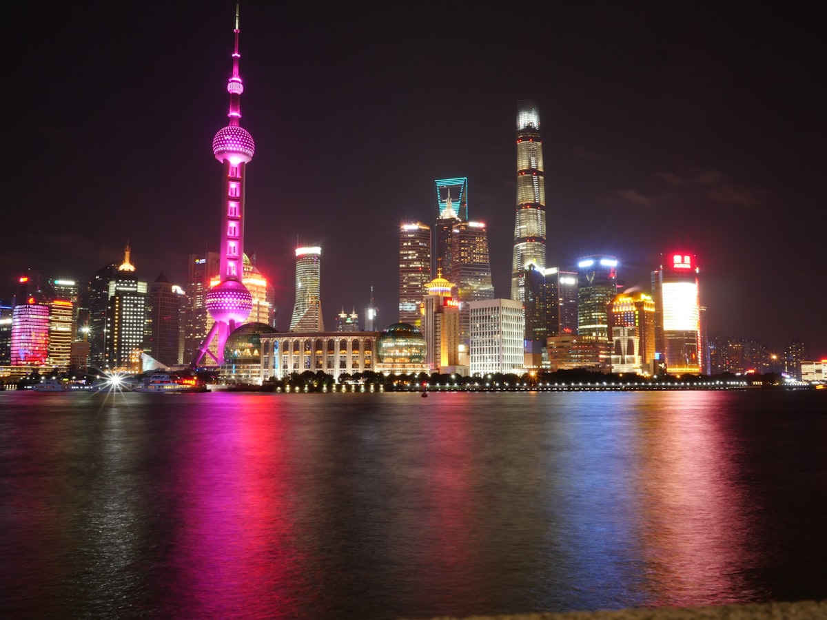 city skyline during night time