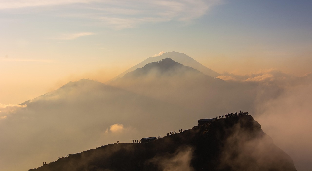 volcano, mount batur, mount abang, mount agung, bali, indonesia, sunrise, landscape, outdoor, kintamani, clouds, people, mountain, hiking, brown mountain, nature, brown sunrise
